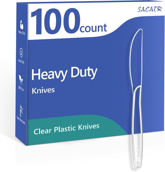 100 Count Heavy Duty Plastic Knives Disposable | BPA-Free Clear Plastic Knives,Suitable for Party, Events and Everyday Use
