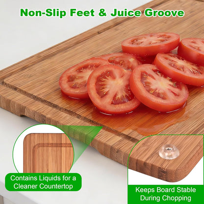 Bamboo Cutting Boards for Kitchen, 3 Piece Bamboo Cutting Board Set with Juice Groove & Non-Slip Design, Large Medium Small Wood Cutting Boards for Meat Vegetables Fruits, Housewarming Gift