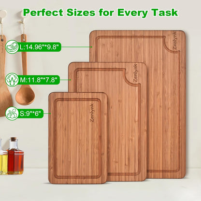 Bamboo Cutting Boards for Kitchen, 3 Piece Bamboo Cutting Board Set with Juice Groove & Non-Slip Design, Large Medium Small Wood Cutting Boards for Meat Vegetables Fruits, Housewarming Gift