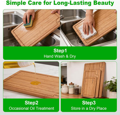 Bamboo Cutting Boards for Kitchen, 3 Piece Bamboo Cutting Board Set with Juice Groove & Non-Slip Design, Large Medium Small Wood Cutting Boards for Meat Vegetables Fruits, Housewarming Gift