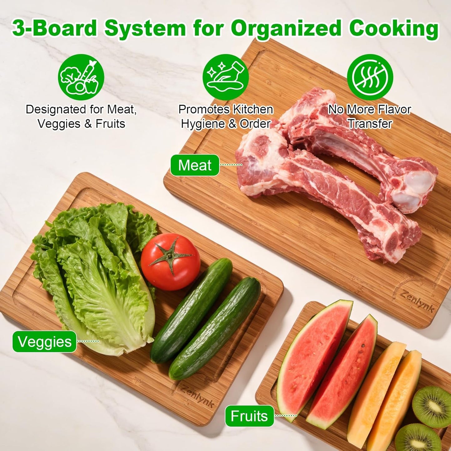 Bamboo Cutting Boards for Kitchen, 3 Piece Bamboo Cutting Board Set with Juice Groove & Non-Slip Design, Large Medium Small Wood Cutting Boards for Meat Vegetables Fruits, Housewarming Gift