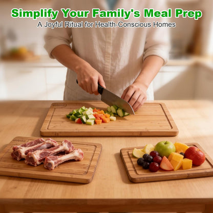 Bamboo Cutting Boards for Kitchen, 3 Piece Bamboo Cutting Board Set with Juice Groove & Non-Slip Design, Large Medium Small Wood Cutting Boards for Meat Vegetables Fruits, Housewarming Gift