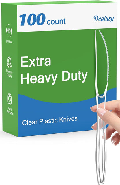 100 Count Extra Heavy Duty Clear Plastic Knives Disposable, BPA-Free, Heat Resistant, Solid and Durable Disposable Knives Bulk, Premium Plastic Knives heavy duty for Party Supply