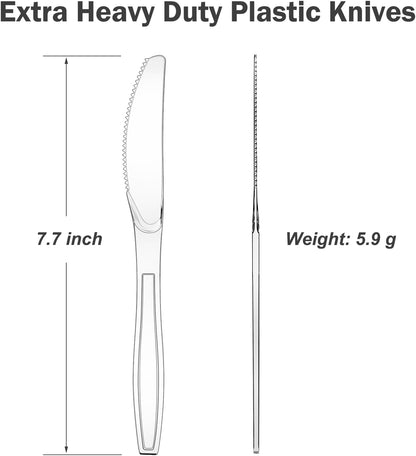 100 Count Extra Heavy Duty Clear Plastic Knives Disposable, BPA-Free, Heat Resistant, Solid and Durable Disposable Knives Bulk, Premium Plastic Knives heavy duty for Party Supply