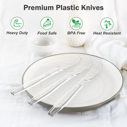 100 Count Extra Heavy Duty Clear Plastic Knives Disposable, BPA-Free, Heat Resistant, Solid and Durable Disposable Knives Bulk, Premium Plastic Knives heavy duty for Party Supply