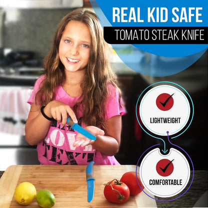 2-Piece Kids Tomato & Steak Knife Set | Safe Stainless Steel Serrated Knives for Real Cooking | Skin-Friendly Blade, Lightweight & Easy Grip – Kitchen Tool for Kids & Beginners (2 pcs)
