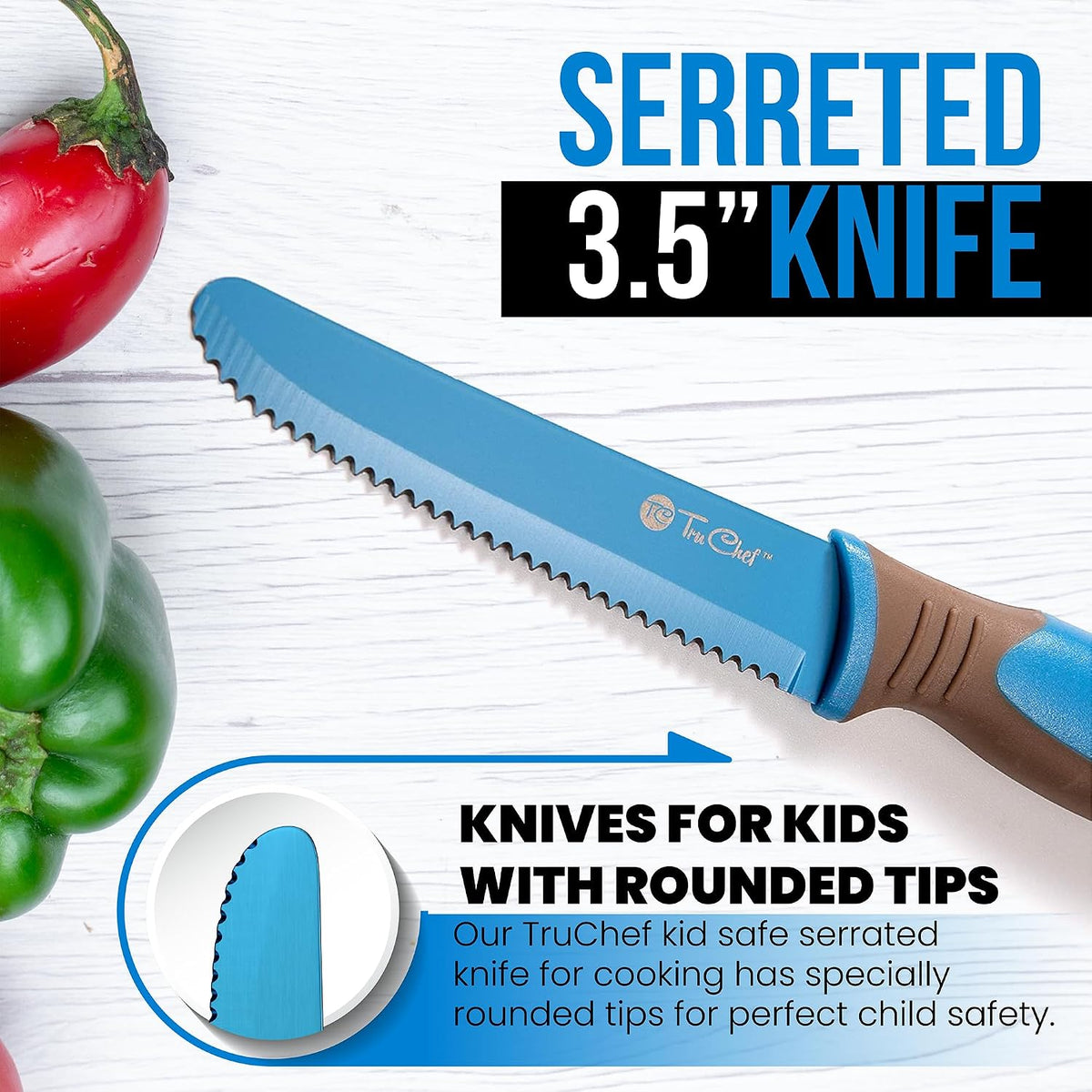2-Piece Kids Tomato & Steak Knife Set | Safe Stainless Steel Serrated Knives for Real Cooking | Skin-Friendly Blade, Lightweight & Easy Grip – Kitchen Tool for Kids & Beginners (2 pcs)