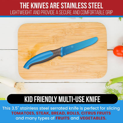 2-Piece Kids Tomato & Steak Knife Set | Safe Stainless Steel Serrated Knives for Real Cooking | Skin-Friendly Blade, Lightweight & Easy Grip – Kitchen Tool for Kids & Beginners (2 pcs)