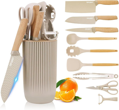 Knife Set, 10 Pieces Professional Kitchen Knife Set with Universal Knife Block, Non-stick Heat Resistan Kitchen Tools and Gadgets with Wooden Handle (Khaki)