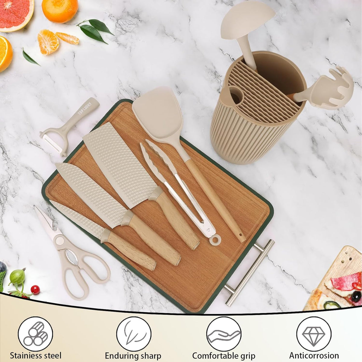 Knife Set, 10 Pieces Professional Kitchen Knife Set with Universal Knife Block, Non-stick Heat Resistan Kitchen Tools and Gadgets with Wooden Handle (Khaki)