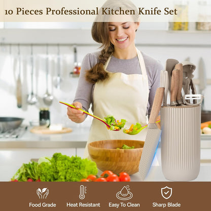 Knife Set, 10 Pieces Professional Kitchen Knife Set with Universal Knife Block, Non-stick Heat Resistan Kitchen Tools and Gadgets with Wooden Handle (Khaki)