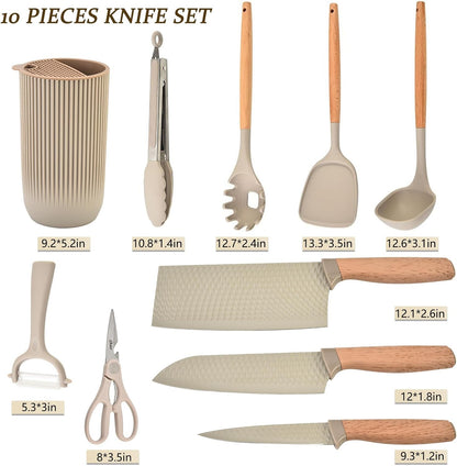 Knife Set, 10 Pieces Professional Kitchen Knife Set with Universal Knife Block, Non-stick Heat Resistan Kitchen Tools and Gadgets with Wooden Handle (Khaki)