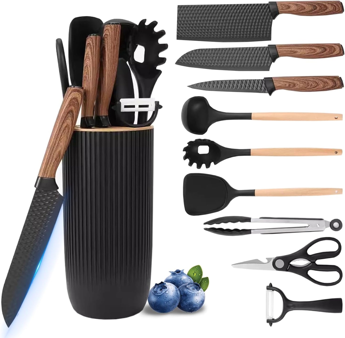 Knife Set, 10 Pieces Professional Kitchen Knife Set with Universal Knife Block, Non-stick Heat Resistan Kitchen Tools and Gadgets with Wooden Handle (Khaki)
