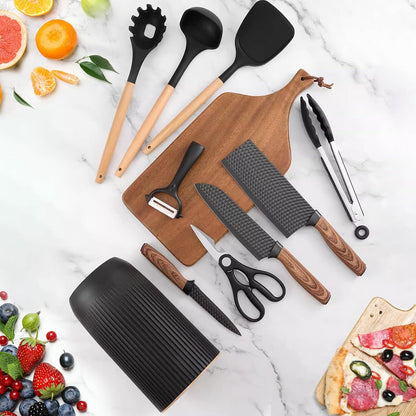Knife Set, 10 Pieces Professional Kitchen Knife Set with Universal Knife Block, Non-stick Heat Resistan Kitchen Tools and Gadgets with Wooden Handle (Khaki)