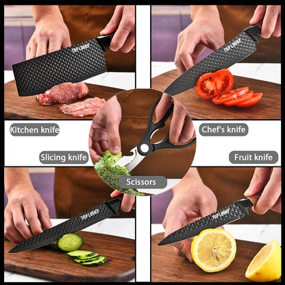 Knife Set, 10 Pieces Professional Kitchen Knife Set with Universal Knife Block, Non-stick Heat Resistan Kitchen Tools and Gadgets with Wooden Handle (Khaki)