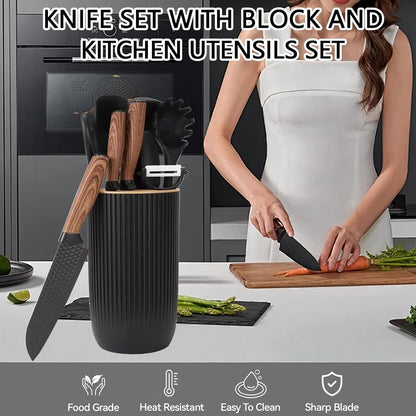 Knife Set, 10 Pieces Professional Kitchen Knife Set with Universal Knife Block, Non-stick Heat Resistan Kitchen Tools and Gadgets with Wooden Handle (Khaki)
