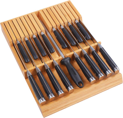 In-drawer Knife Block Bamboo Kitchen Knives Drawer Organizer Large | Holder Storage for Steak, Paring, Bread Knives, Holds Up to 16 Knife & 1 Sharpening Steel (Knives & Sharpening Not Included)
