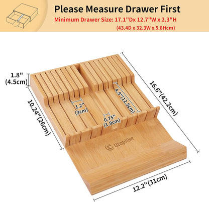 In-drawer Knife Block Bamboo Kitchen Knives Drawer Organizer Large | Holder Storage for Steak, Paring, Bread Knives, Holds Up to 16 Knife & 1 Sharpening Steel (Knives & Sharpening Not Included)