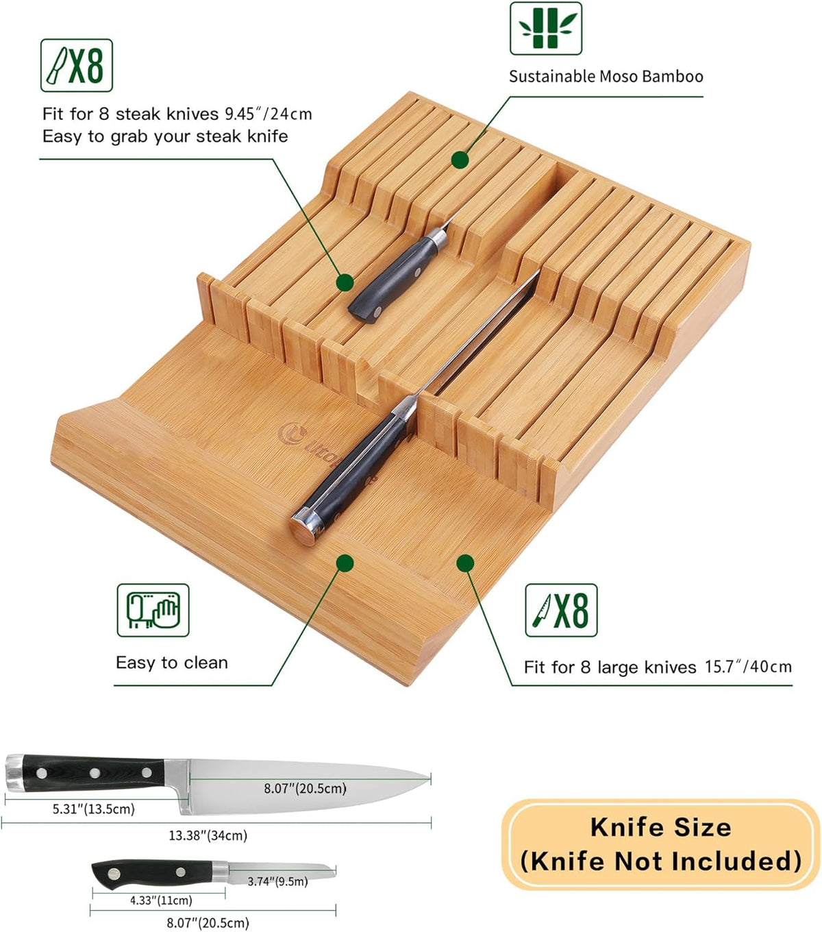 In-drawer Knife Block Bamboo Kitchen Knives Drawer Organizer Large | Holder Storage for Steak, Paring, Bread Knives, Holds Up to 16 Knife & 1 Sharpening Steel (Knives & Sharpening Not Included)