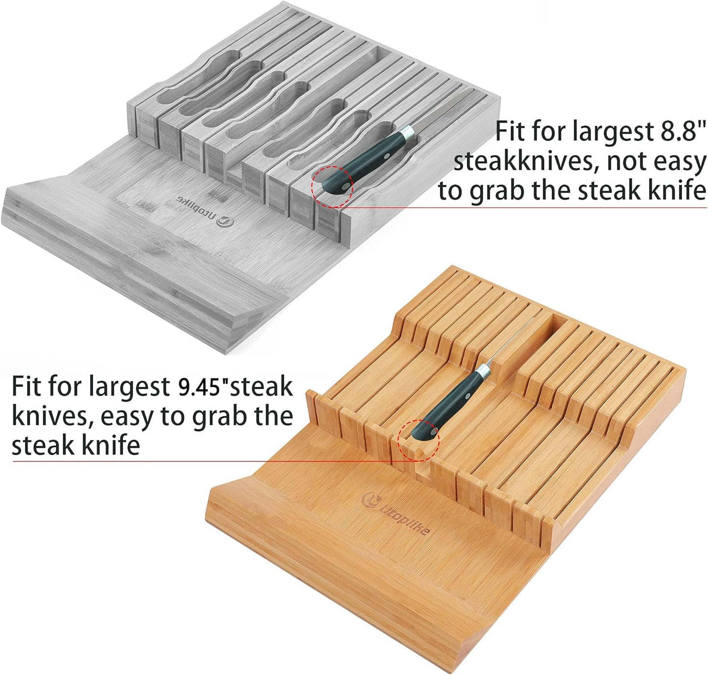 In-drawer Knife Block Bamboo Kitchen Knives Drawer Organizer Large | Holder Storage for Steak, Paring, Bread Knives, Holds Up to 16 Knife & 1 Sharpening Steel (Knives & Sharpening Not Included)