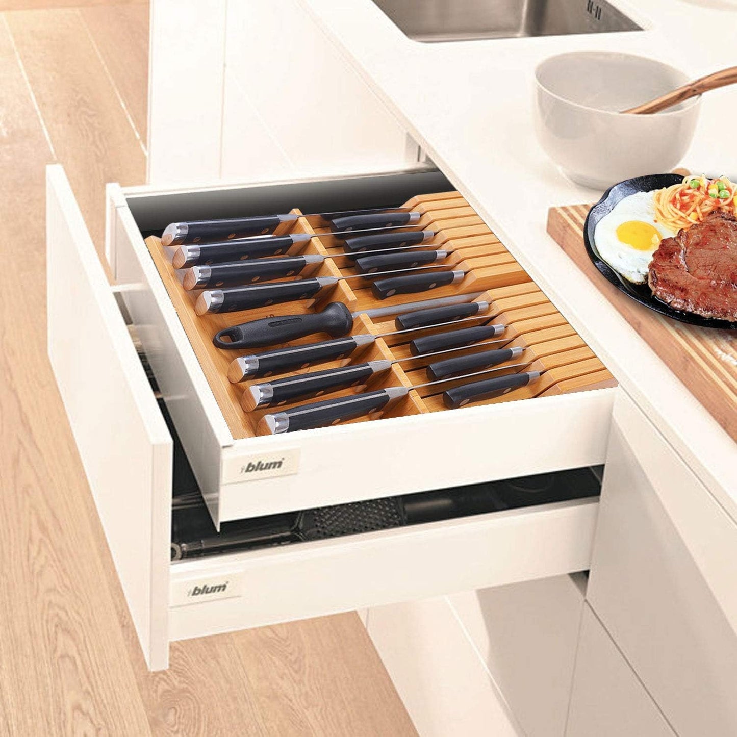 In-drawer Knife Block Bamboo Kitchen Knives Drawer Organizer Large | Holder Storage for Steak, Paring, Bread Knives, Holds Up to 16 Knife & 1 Sharpening Steel (Knives & Sharpening Not Included)
