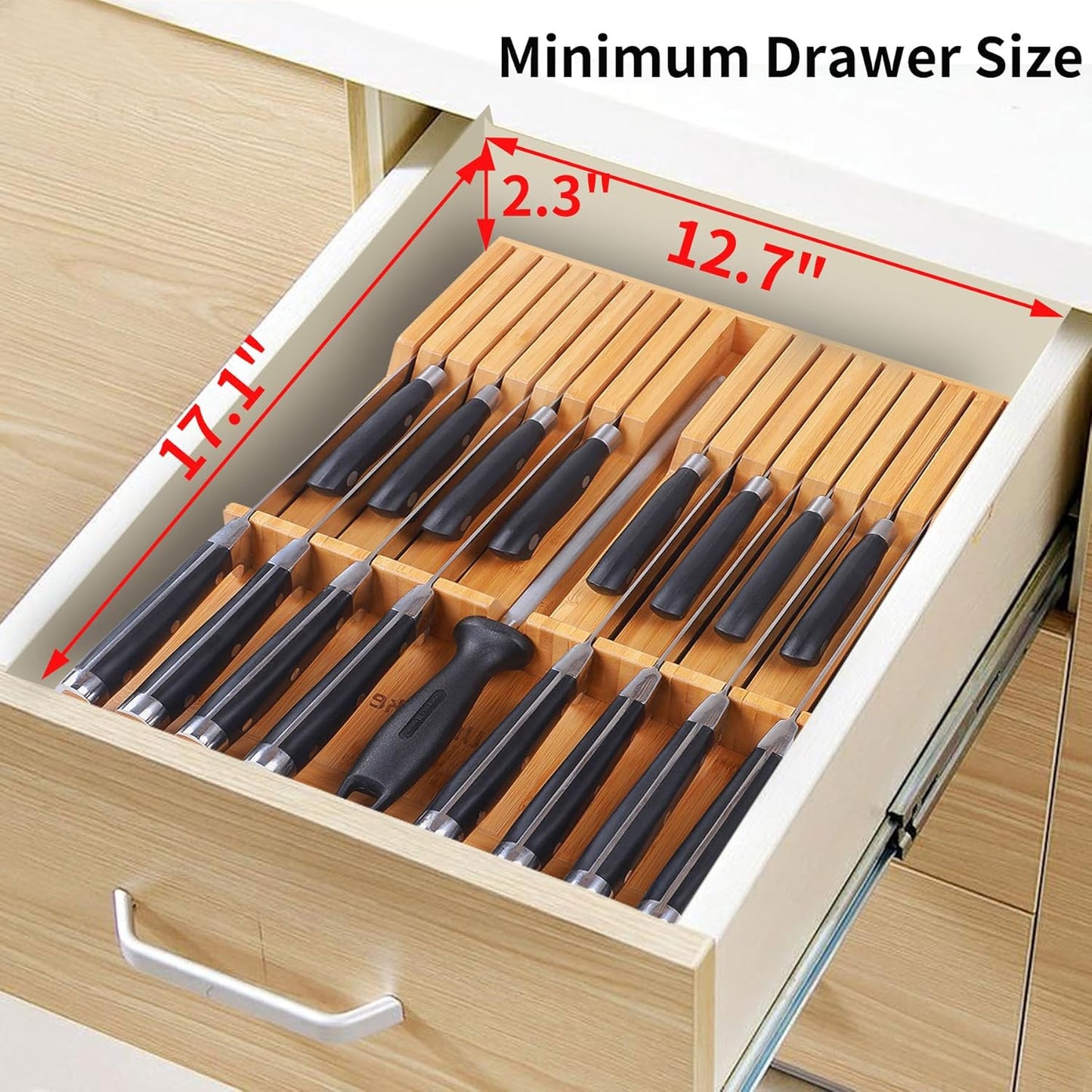 In-drawer Knife Block Bamboo Kitchen Knives Drawer Organizer Large | Holder Storage for Steak, Paring, Bread Knives, Holds Up to 16 Knife & 1 Sharpening Steel (Knives & Sharpening Not Included)