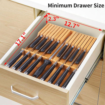 In-drawer Knife Block Bamboo Kitchen Knives Drawer Organizer Large | Holder Storage for Steak, Paring, Bread Knives, Holds Up to 16 Knife & 1 Sharpening Steel (Knives & Sharpening Not Included)