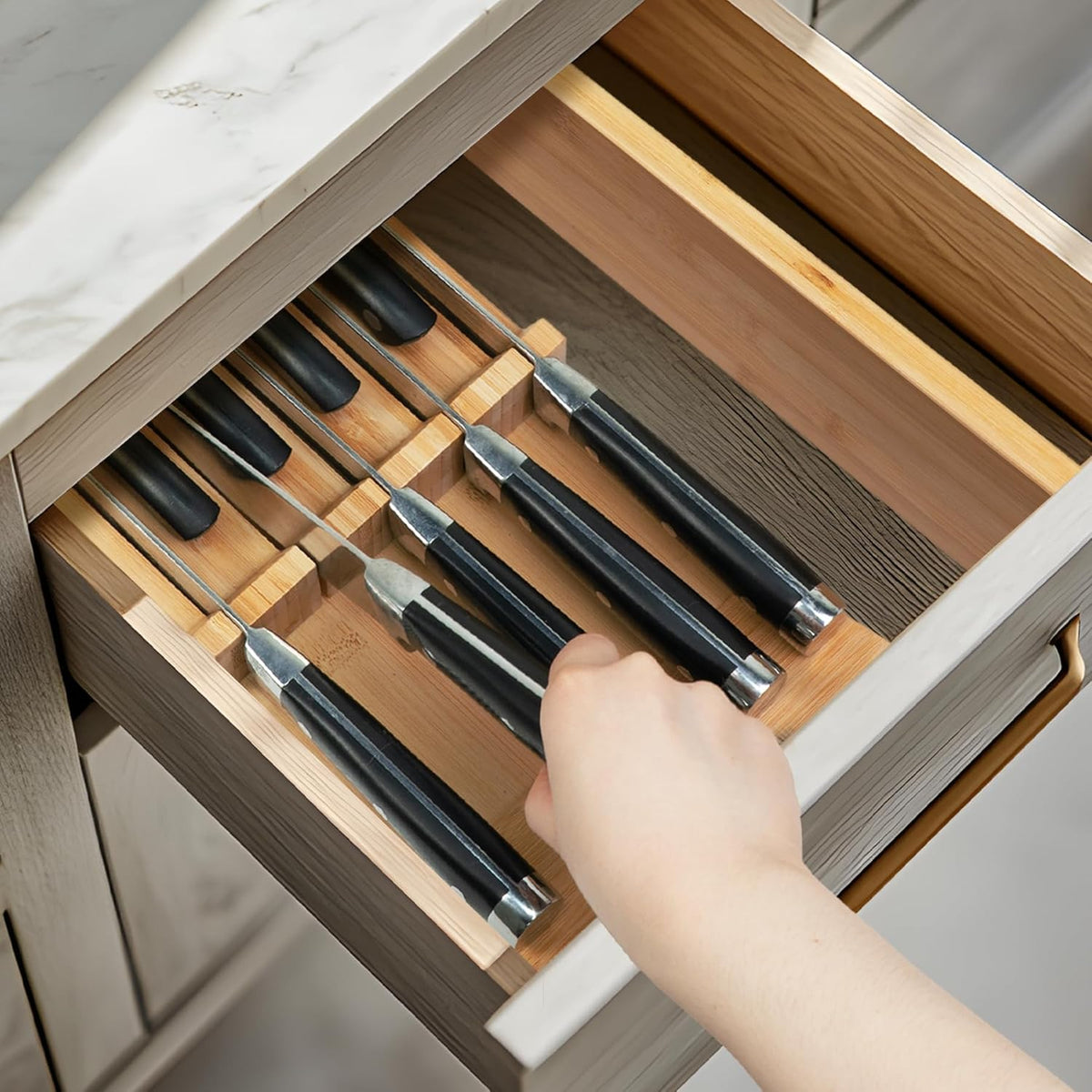 In-drawer Knife Block Bamboo Kitchen Knives Drawer Organizer Large | Holder Storage for Steak, Paring, Bread Knives, Holds Up to 16 Knife & 1 Sharpening Steel (Knives & Sharpening Not Included)