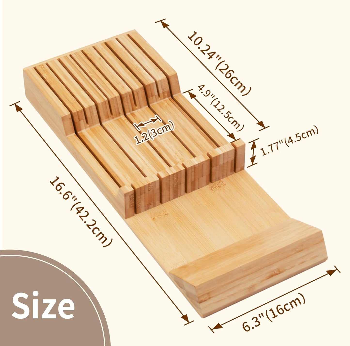 In-drawer Knife Block Bamboo Kitchen Knives Drawer Organizer Large | Holder Storage for Steak, Paring, Bread Knives, Holds Up to 16 Knife & 1 Sharpening Steel (Knives & Sharpening Not Included)