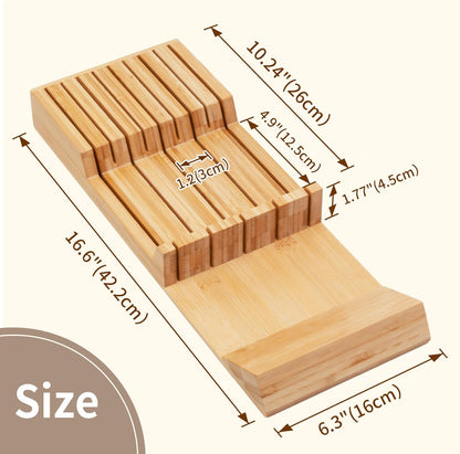 In-drawer Knife Block Bamboo Kitchen Knives Drawer Organizer Large | Holder Storage for Steak, Paring, Bread Knives, Holds Up to 16 Knife & 1 Sharpening Steel (Knives & Sharpening Not Included)