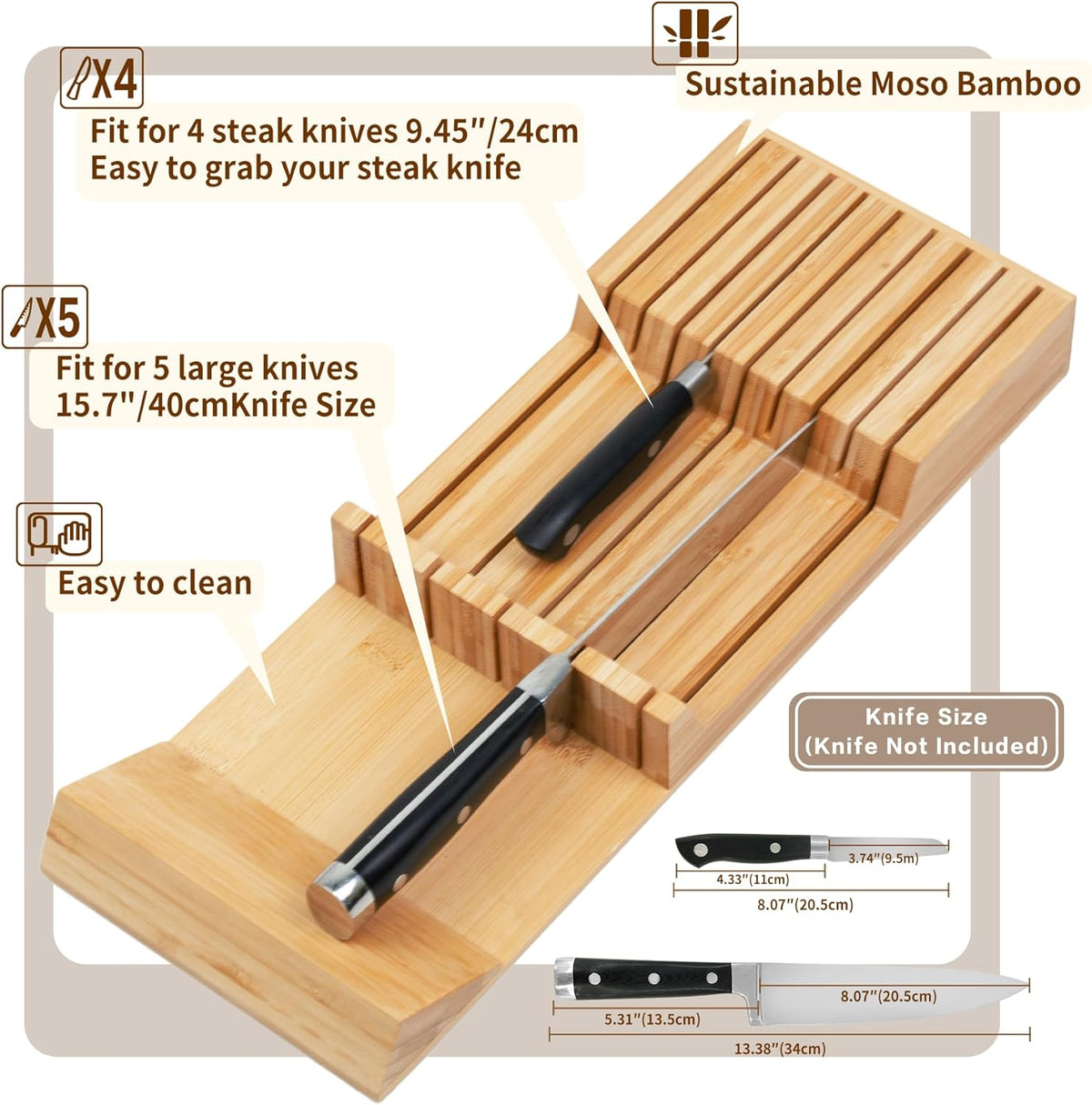 In-drawer Knife Block Bamboo Kitchen Knives Drawer Organizer Large | Holder Storage for Steak, Paring, Bread Knives, Holds Up to 16 Knife & 1 Sharpening Steel (Knives & Sharpening Not Included)