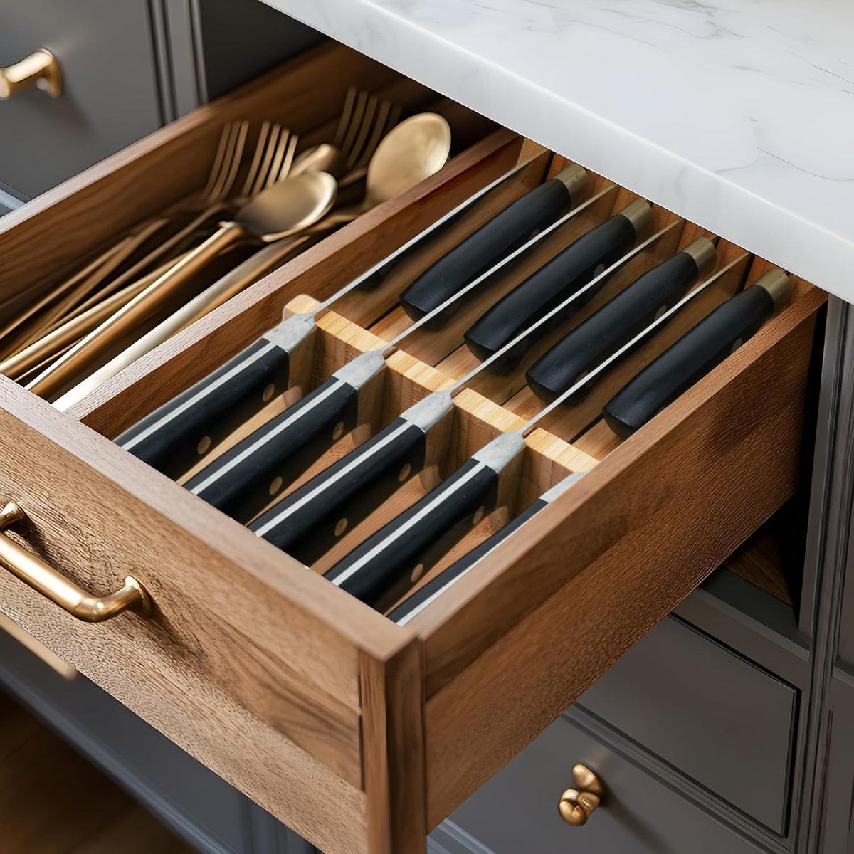 In-drawer Knife Block Bamboo Kitchen Knives Drawer Organizer Large | Holder Storage for Steak, Paring, Bread Knives, Holds Up to 16 Knife & 1 Sharpening Steel (Knives & Sharpening Not Included)