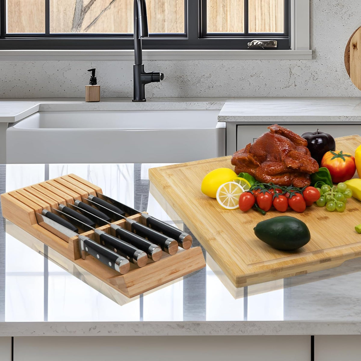 In-drawer Knife Block Bamboo Kitchen Knives Drawer Organizer Large | Holder Storage for Steak, Paring, Bread Knives, Holds Up to 16 Knife & 1 Sharpening Steel (Knives & Sharpening Not Included)
