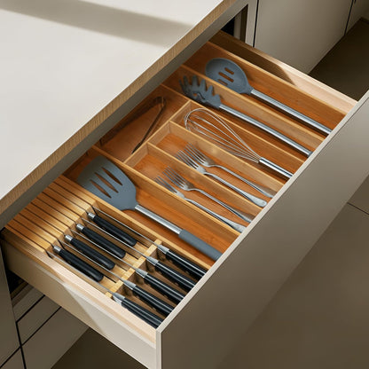 In-drawer Knife Block Bamboo Kitchen Knives Drawer Organizer Large | Holder Storage for Steak, Paring, Bread Knives, Holds Up to 16 Knife & 1 Sharpening Steel (Knives & Sharpening Not Included)