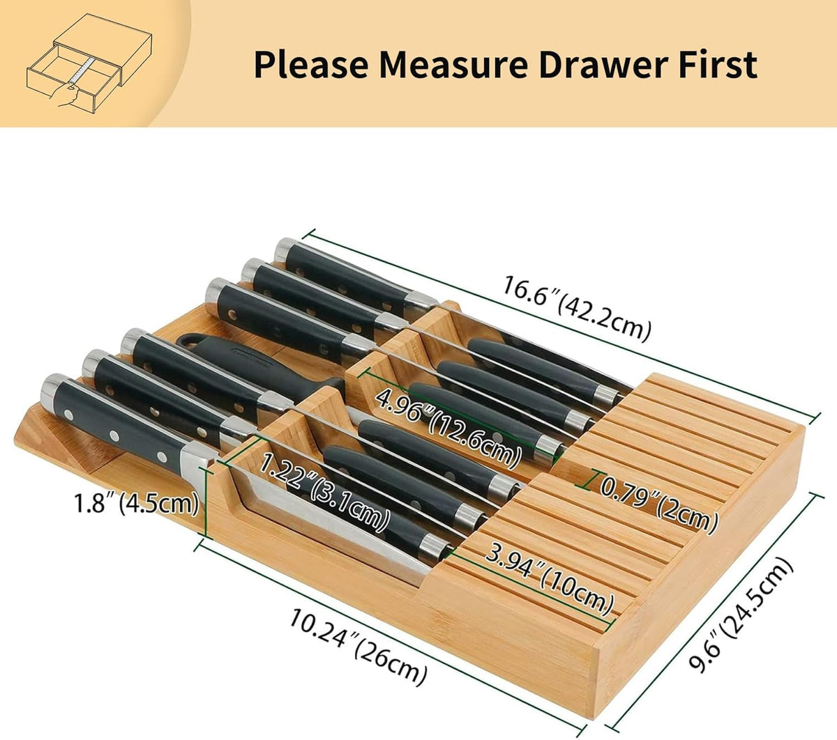 In-drawer Knife Block Bamboo Kitchen Knives Drawer Organizer Large | Holder Storage for Steak, Paring, Bread Knives, Holds Up to 16 Knife & 1 Sharpening Steel (Knives & Sharpening Not Included)