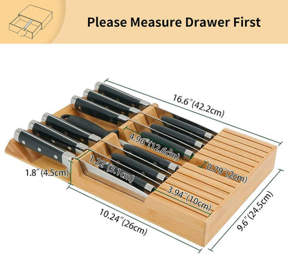 In-drawer Knife Block Bamboo Kitchen Knives Drawer Organizer Large | Holder Storage for Steak, Paring, Bread Knives, Holds Up to 16 Knife & 1 Sharpening Steel (Knives & Sharpening Not Included)