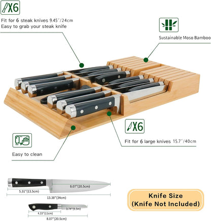 In-drawer Knife Block Bamboo Kitchen Knives Drawer Organizer Large | Holder Storage for Steak, Paring, Bread Knives, Holds Up to 16 Knife & 1 Sharpening Steel (Knives & Sharpening Not Included)