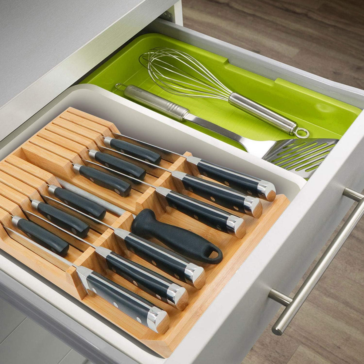 In-drawer Knife Block Bamboo Kitchen Knives Drawer Organizer Large | Holder Storage for Steak, Paring, Bread Knives, Holds Up to 16 Knife & 1 Sharpening Steel (Knives & Sharpening Not Included)