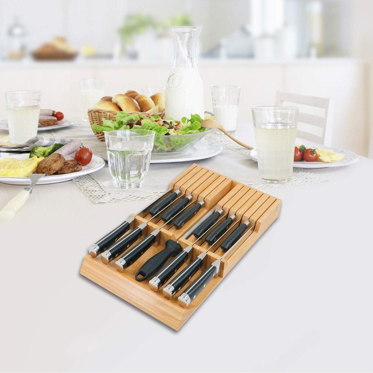 In-drawer Knife Block Bamboo Kitchen Knives Drawer Organizer Large | Holder Storage for Steak, Paring, Bread Knives, Holds Up to 16 Knife & 1 Sharpening Steel (Knives & Sharpening Not Included)