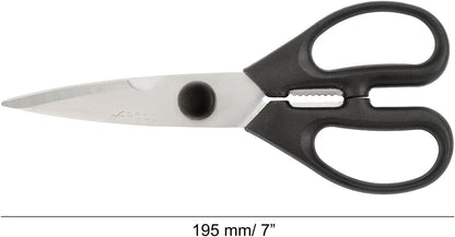 Kitchen Scissors 8 Inch Nitrum Stainless Steel and 195 mm blade. 154 gr. Ergonomic Polyoxymethylene POM Handle. Series Prochef. Smooth edge and stylish wooden handle. Color Black.