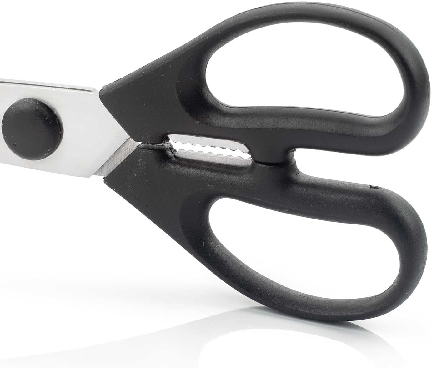 Kitchen Scissors 8 Inch Nitrum Stainless Steel and 195 mm blade. 154 gr. Ergonomic Polyoxymethylene POM Handle. Series Prochef. Smooth edge and stylish wooden handle. Color Black.