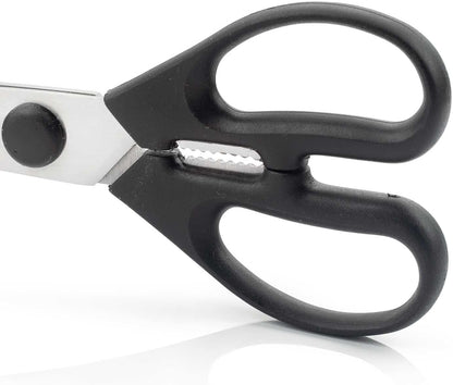 Kitchen Scissors 8 Inch Nitrum Stainless Steel and 195 mm blade. 154 gr. Ergonomic Polyoxymethylene POM Handle. Series Prochef. Smooth edge and stylish wooden handle. Color Black.