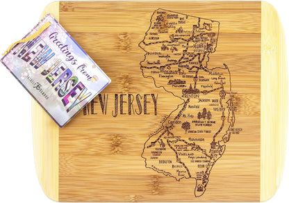 A Slice of Life New Jersey Engraved Map Cutting Board | 11” x 8.75” charcuterie board with engraved state map artwork. Smooth reverse side for food prep. Hang tie for wall display. - Colors A