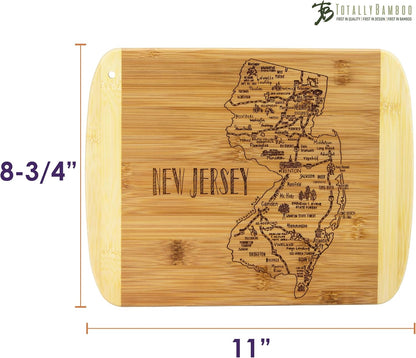 A Slice of Life New Jersey Engraved Map Cutting Board | 11” x 8.75” charcuterie board with engraved state map artwork. Smooth reverse side for food prep. Hang tie for wall display. - Colors A