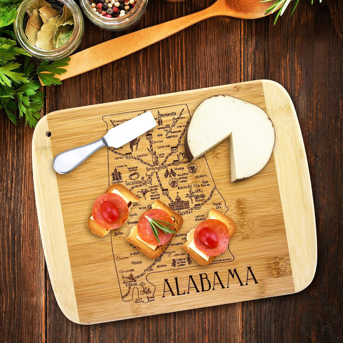 A Slice of Life New Jersey Engraved Map Cutting Board | 11” x 8.75” charcuterie board with engraved state map artwork. Smooth reverse side for food prep. Hang tie for wall display. - Colors A