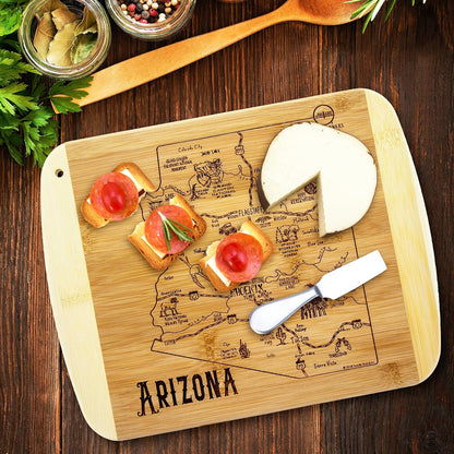 A Slice of Life New Jersey Engraved Map Cutting Board | 11” x 8.75” charcuterie board with engraved state map artwork. Smooth reverse side for food prep. Hang tie for wall display. - Colors A