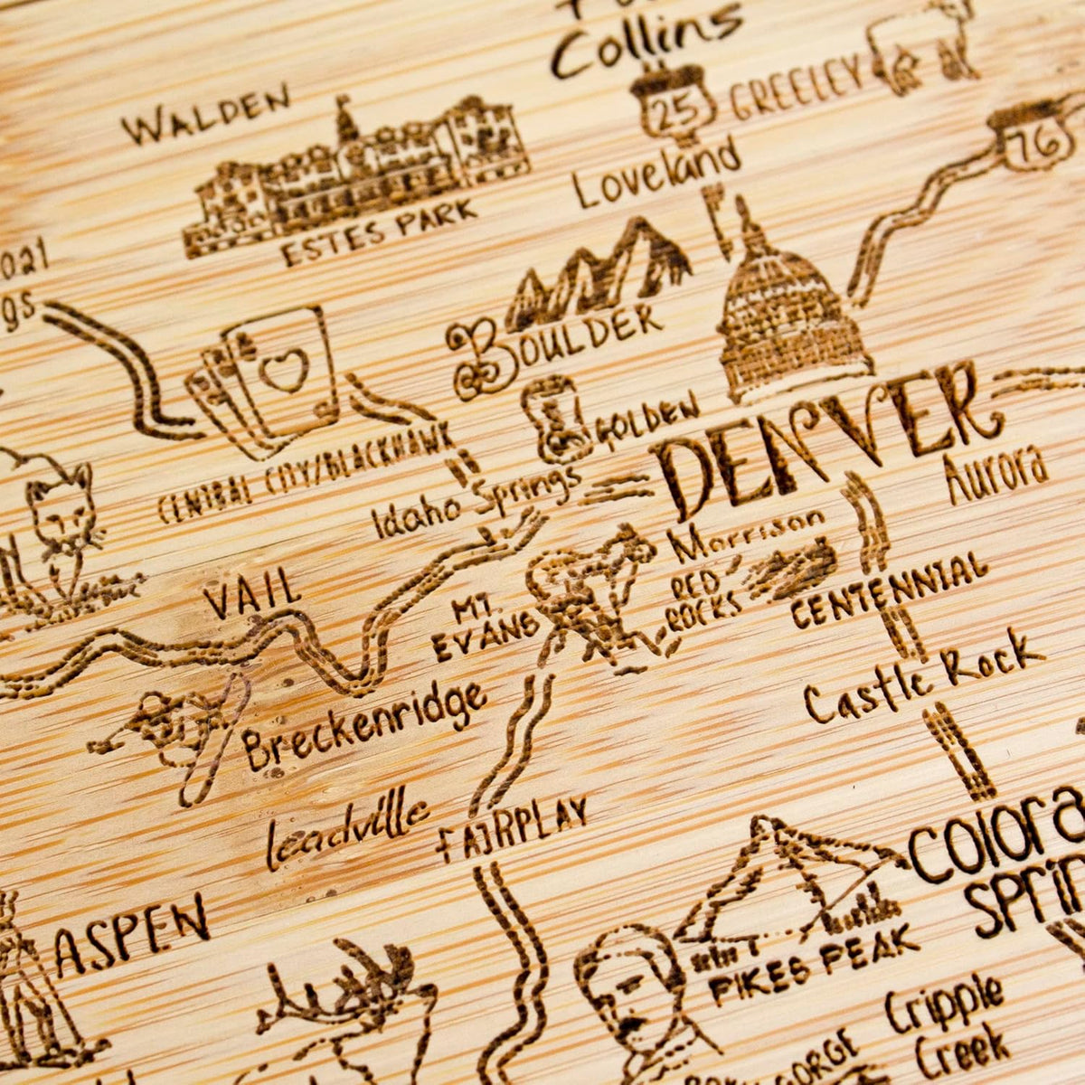 A Slice of Life New Jersey Engraved Map Cutting Board | 11” x 8.75” charcuterie board with engraved state map artwork. Smooth reverse side for food prep. Hang tie for wall display. - Colors A