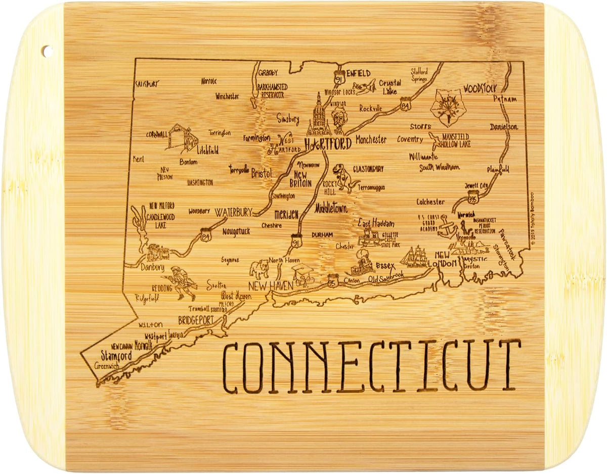 A Slice of Life New Jersey Engraved Map Cutting Board | 11” x 8.75” charcuterie board with engraved state map artwork. Smooth reverse side for food prep. Hang tie for wall display. - Colors A