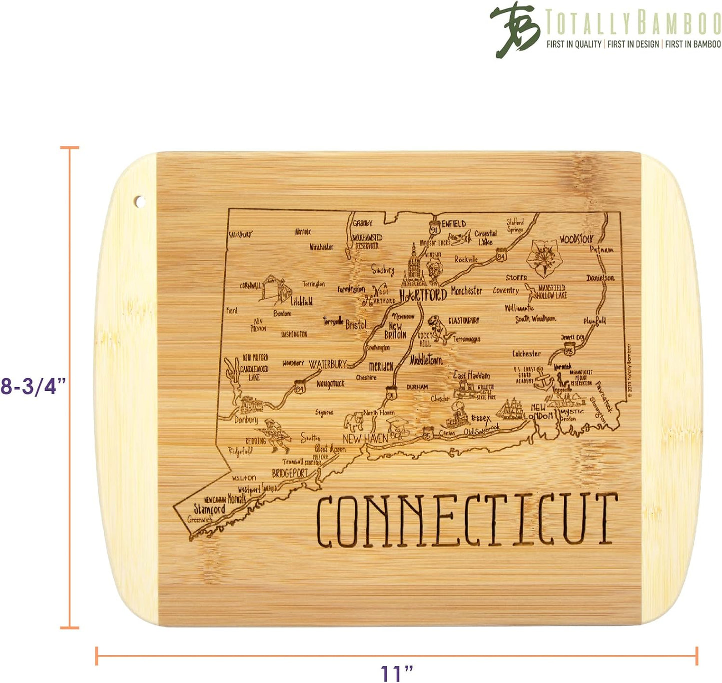 A Slice of Life New Jersey Engraved Map Cutting Board | 11” x 8.75” charcuterie board with engraved state map artwork. Smooth reverse side for food prep. Hang tie for wall display. - Colors A