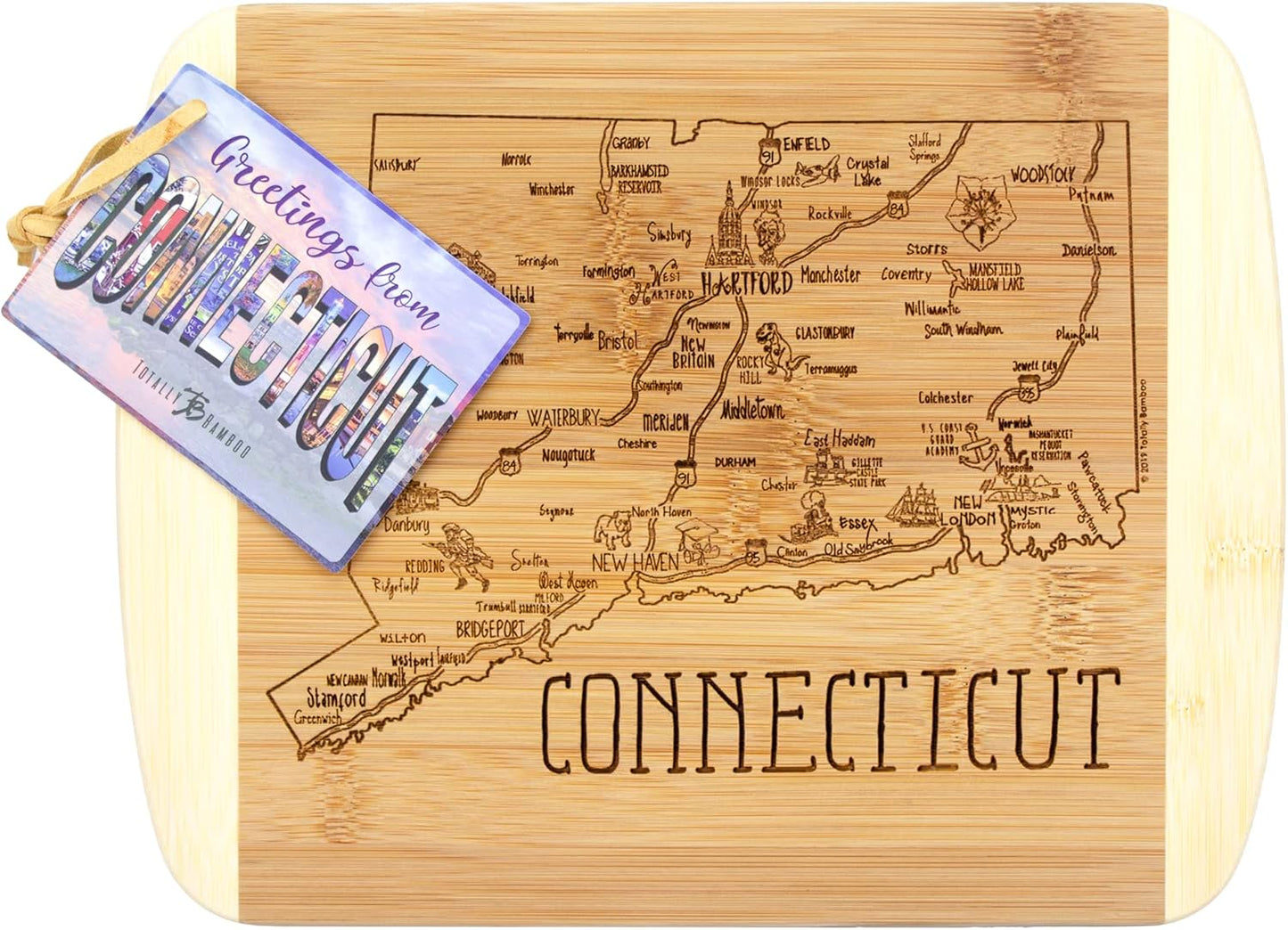 A Slice of Life New Jersey Engraved Map Cutting Board | 11” x 8.75” charcuterie board with engraved state map artwork. Smooth reverse side for food prep. Hang tie for wall display. - Colors A